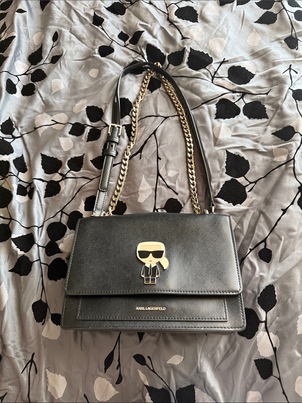 Karl Lagerfeld Black Shoulder Bag with Gold Chain Accents